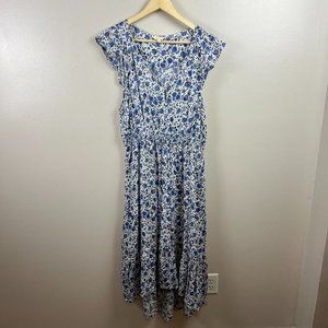 Lucky Brand Midi Dress Size Large Blue Floral Hi Low Cottagecore Boho Peasant
